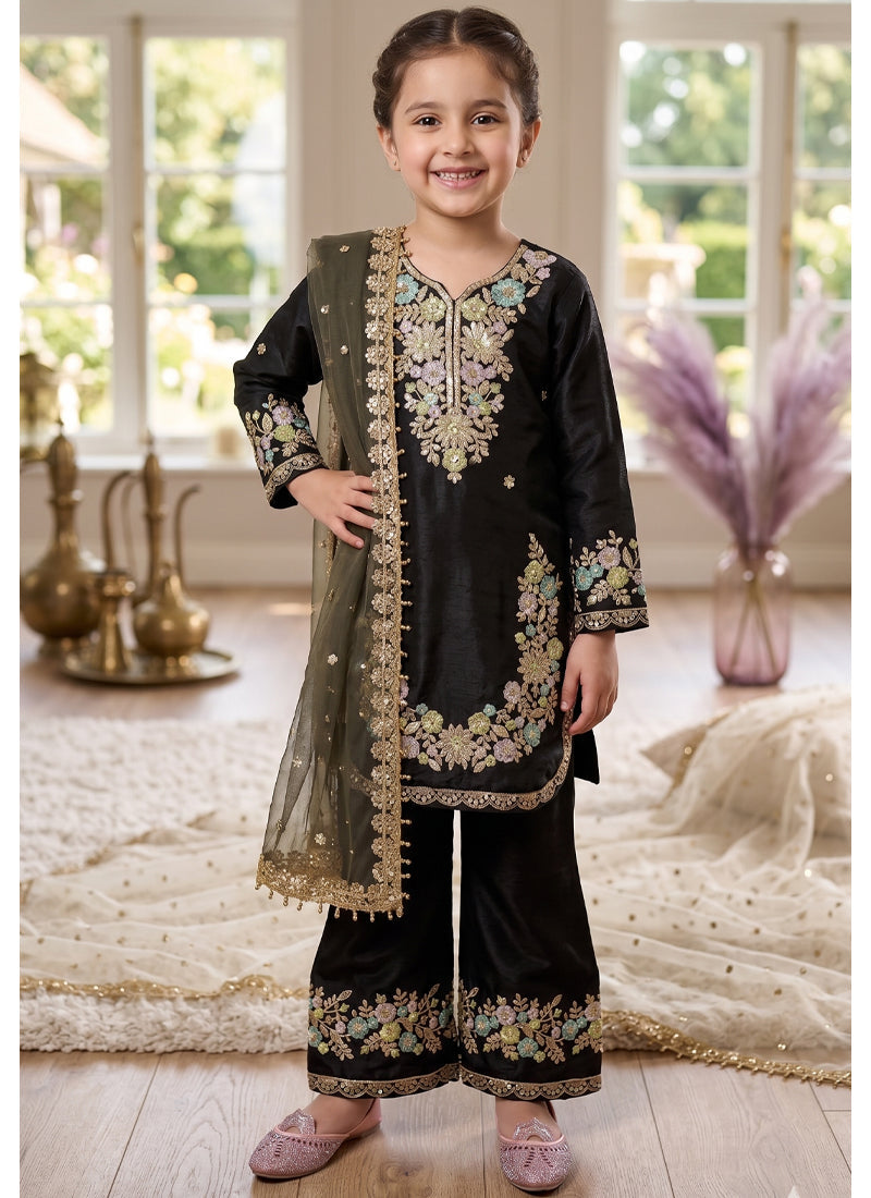 Evanik Black Kids Festival Wear Black Embroidered Silk Kurta Palazzo Set