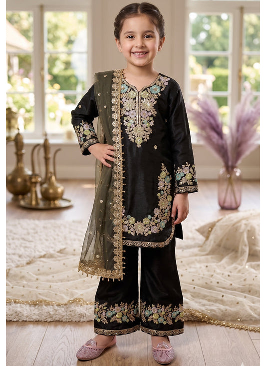 Evanik Black Kids Festival Wear Black Embroidered Silk Kurta Palazzo Set