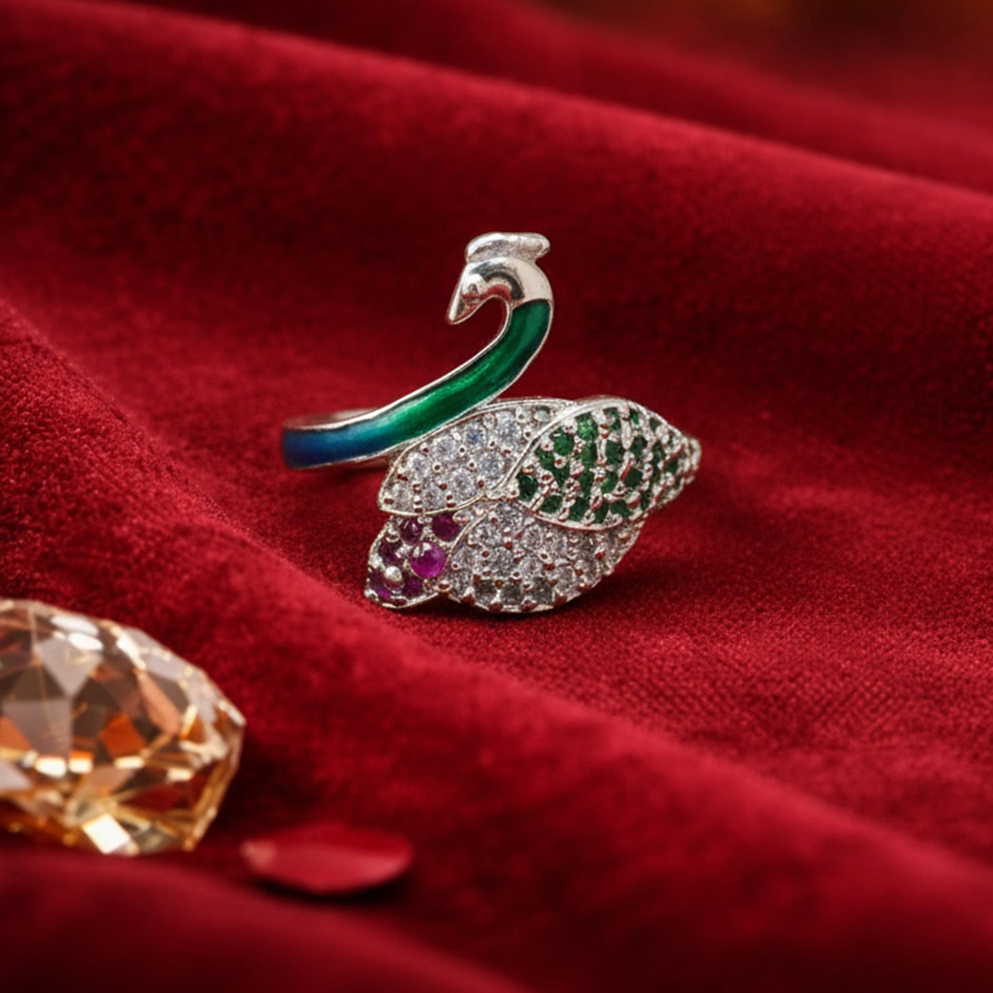 Mayurika - Rhodium Green Ruby Peacock Adjustable Ring