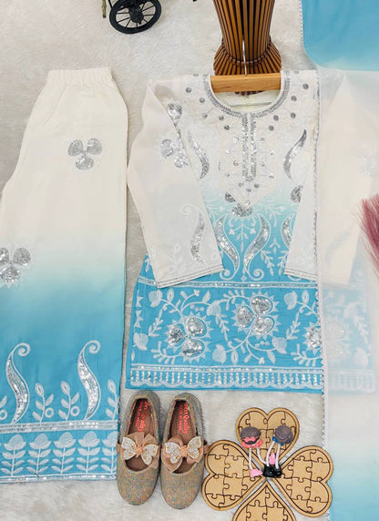 Evanik Sky Blue Designer Party Wear Heavy Natural Crepe Kids Top Palazzo & Dupatta Set