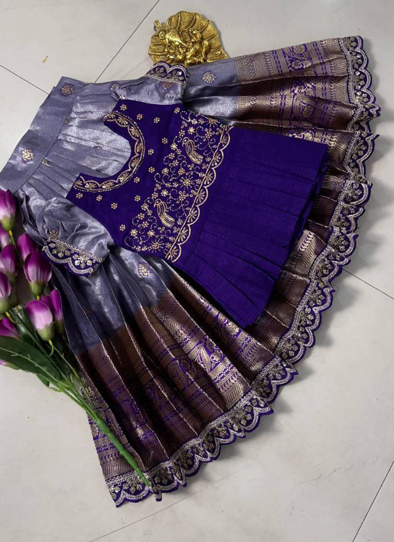 Evanik Kids Purple Simmer Silk Zari Weaving Pavadai Lehenga Choli Set