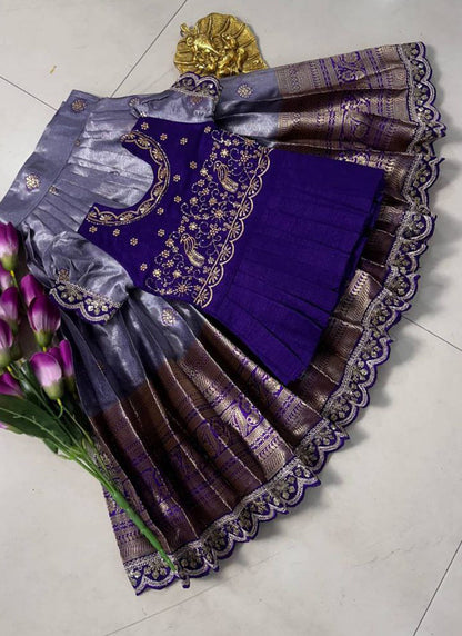 Evanik Kids Purple Simmer Silk Zari Weaving Pavadai Lehenga Choli Set