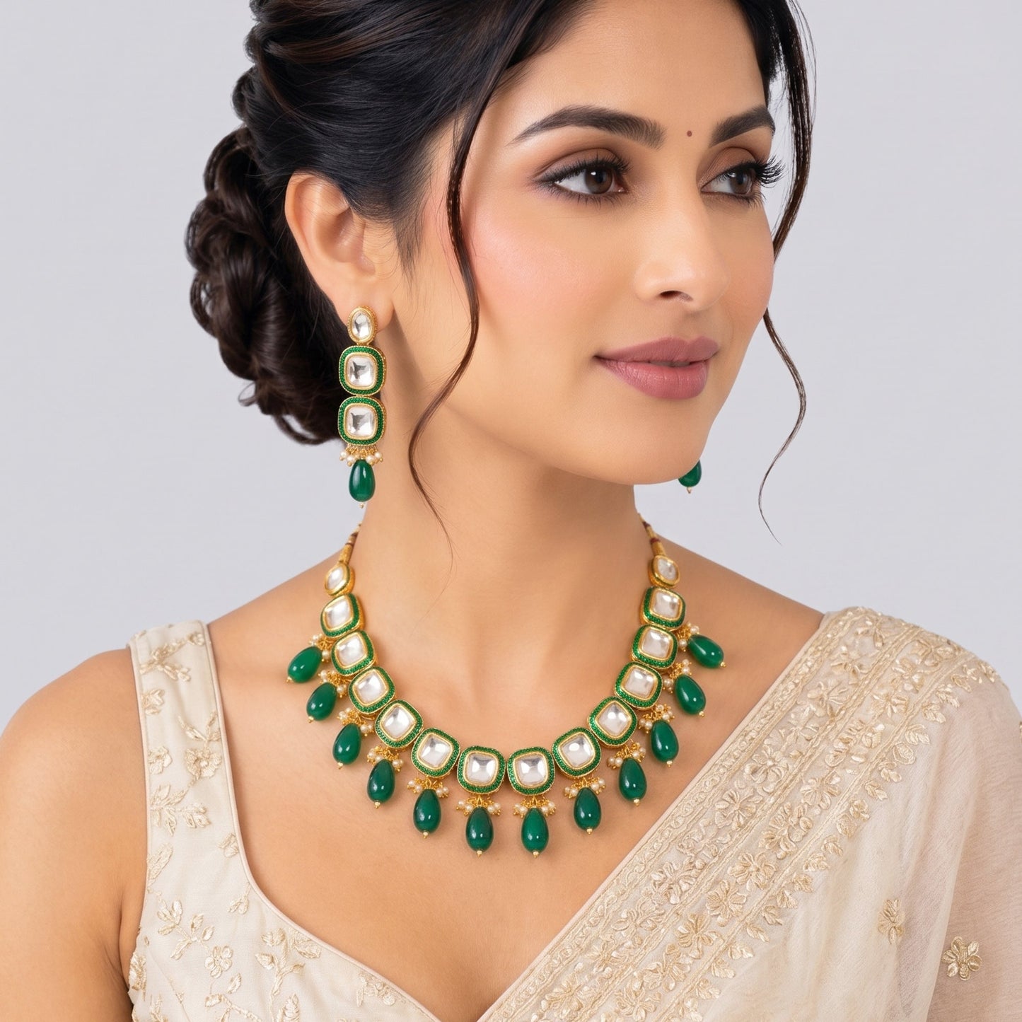 White Green Kundan Necklace