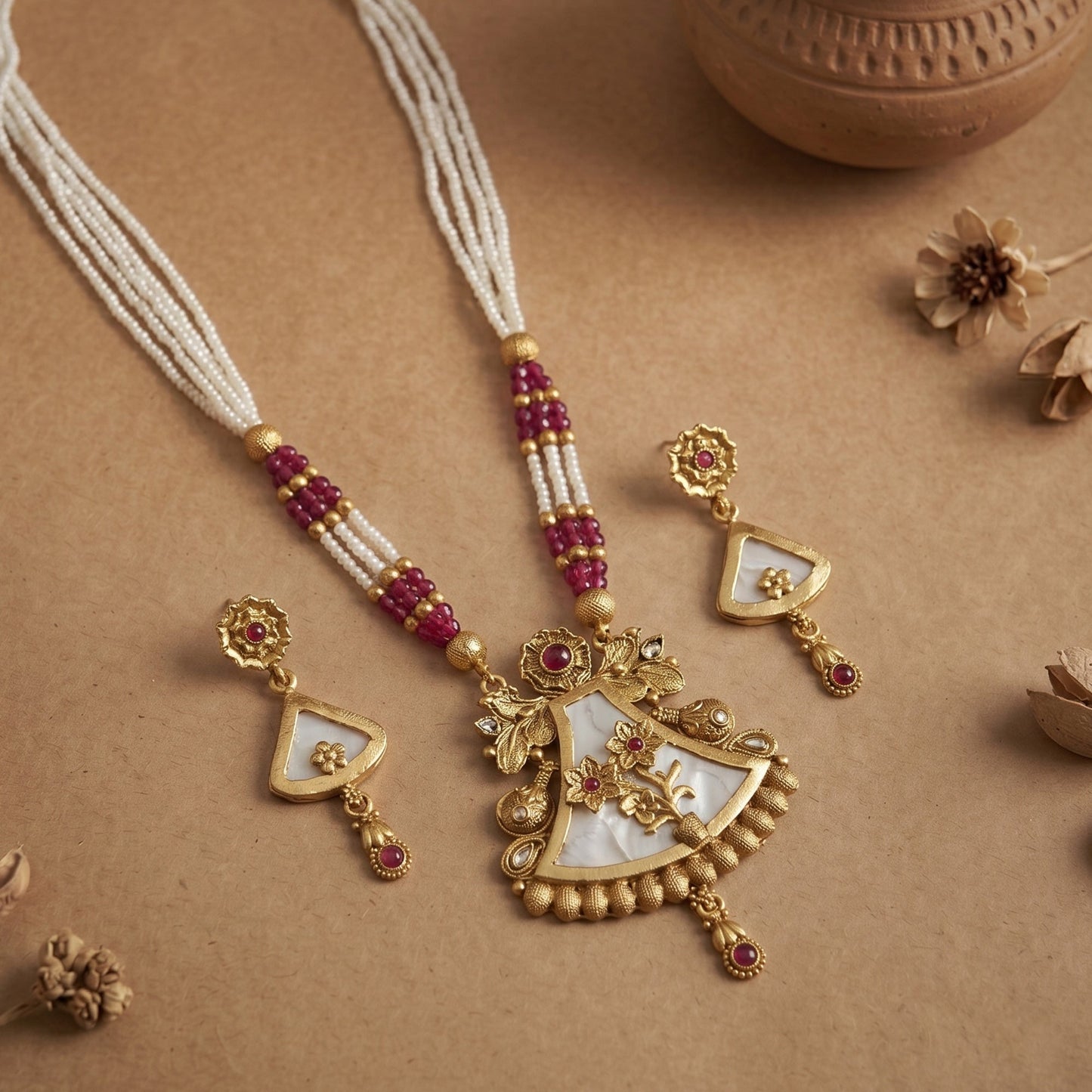 Temple Leaf Pendant Necklace Set
