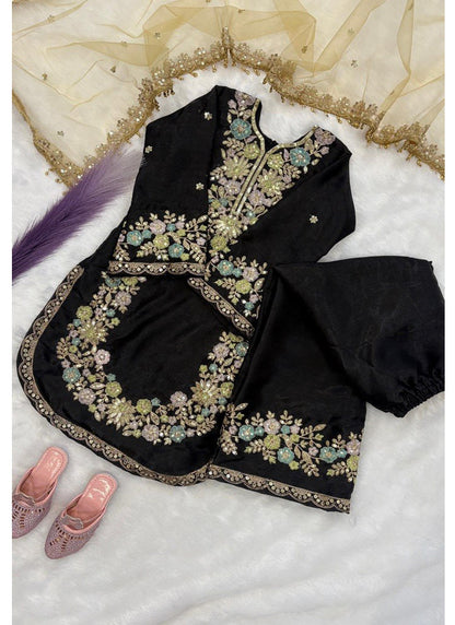 Evanik Black Kids Festival Wear Black Embroidered Silk Kurta Palazzo Set