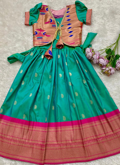 Evanik Turquoise Soft Paithani Silk Zari Weaving Pavadai For Kids Gown & Koti