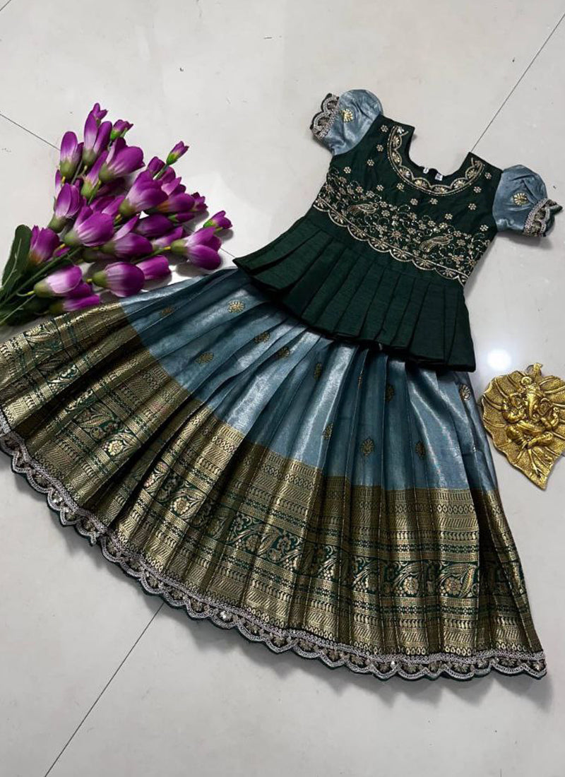 Evanik Kids Seagreen Simmer Silk Zari Weaving Pavadai Lehenga Choli Set