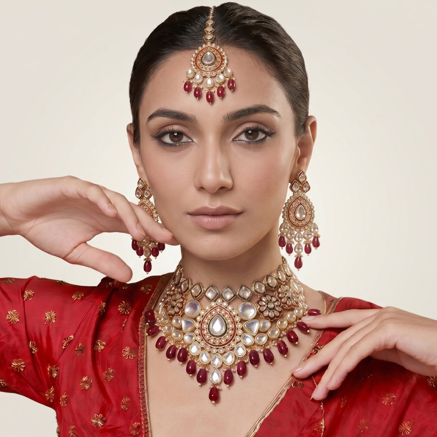 Ruby Red Bridal Kundan Jewelry Set