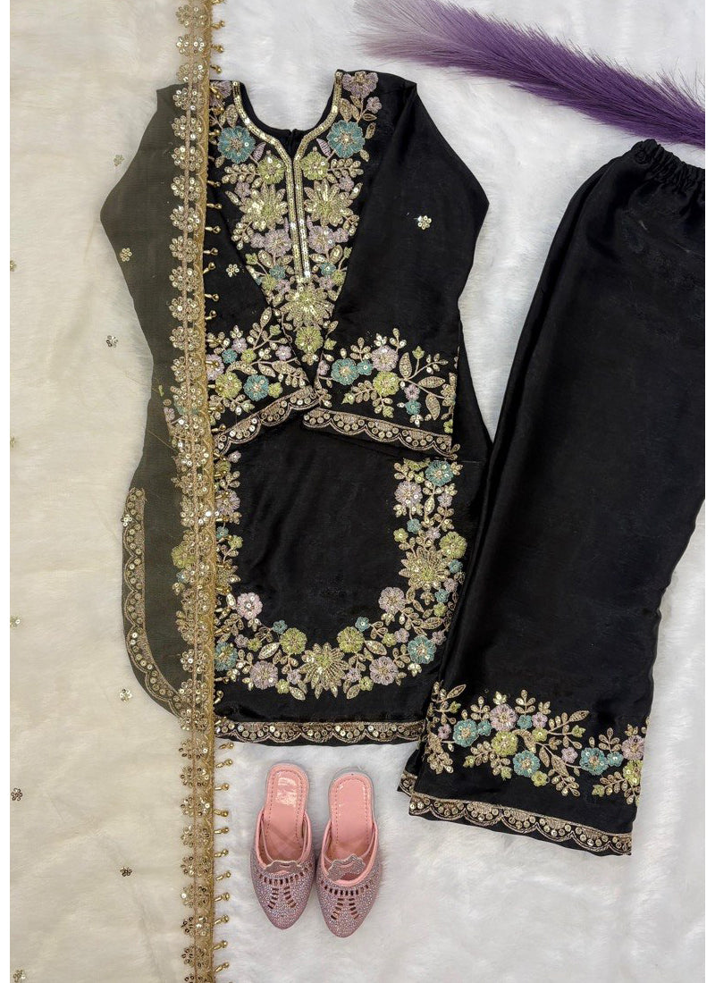 Evanik Black Kids Festival Wear Black Embroidered Silk Kurta Palazzo Set