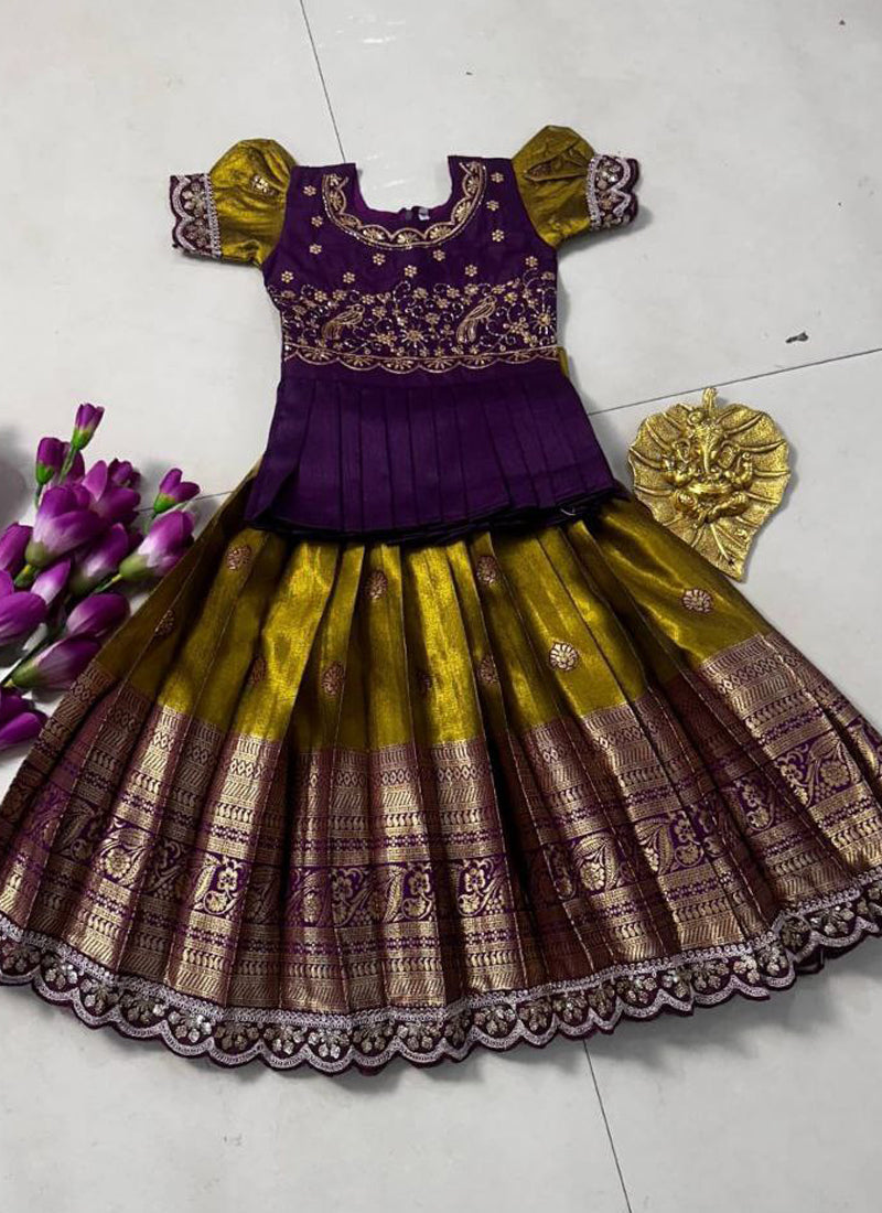 Evanik Kids Mustard Simmer Silk Zari Weaving Pavadai Lehenga Choli Set