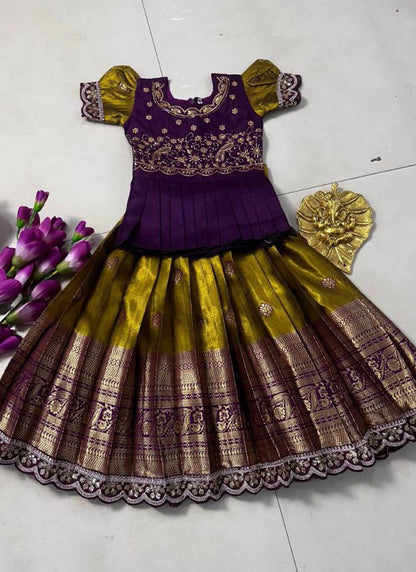 Evanik Kids Mustard Simmer Silk Zari Weaving Pavadai Lehenga Choli Set