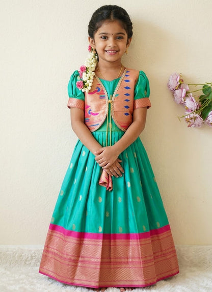 Evanik Turquoise Soft Paithani Silk Zari Weaving Pavadai For Kids Gown & Koti