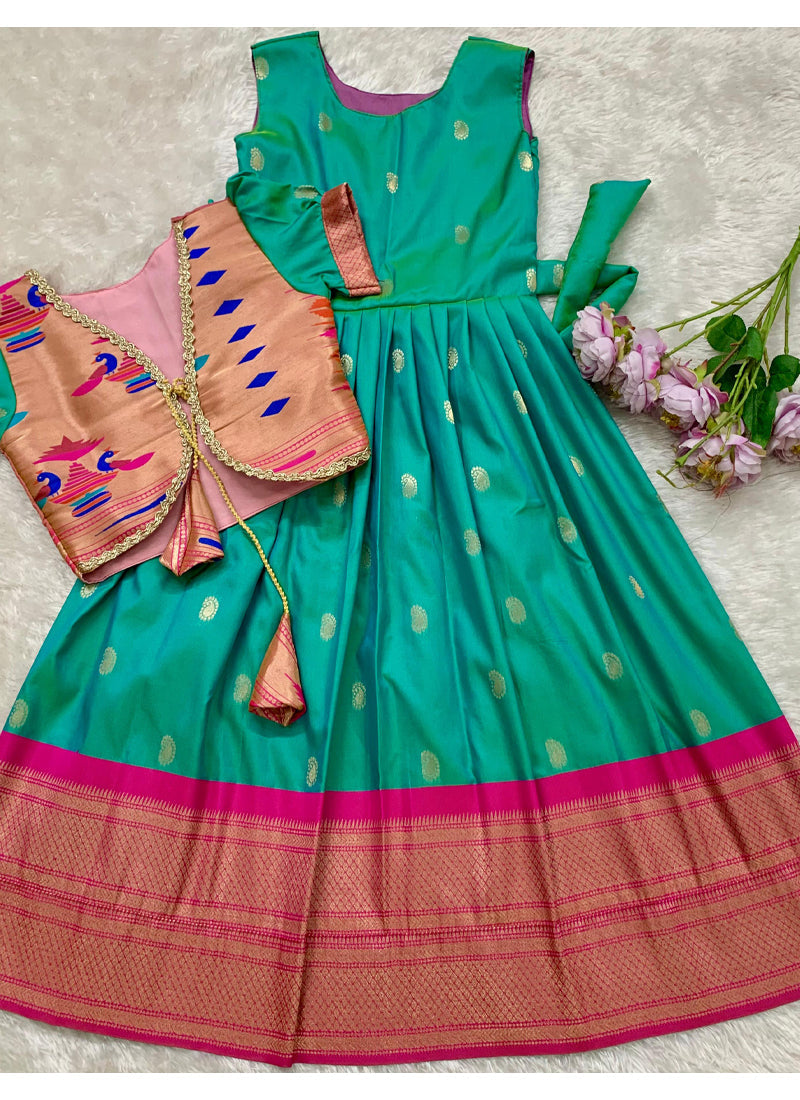 Evanik Turquoise Soft Paithani Silk Zari Weaving Pavadai For Kids Gown & Koti
