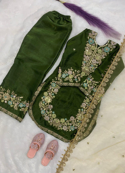 Evanik Green Kids Festival Wear Black Embroidered Silk Kurta Palazzo Set