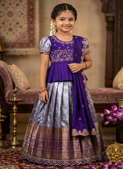 Evanik Kids Purple Simmer Silk Zari Weaving Pavadai Lehenga Choli Set