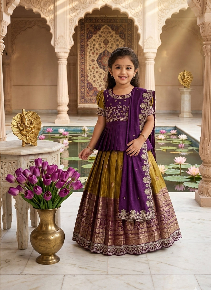 Evanik Kids Mustard Simmer Silk Zari Weaving Pavadai Lehenga Choli Set
