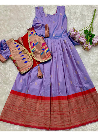 Evanik Purple Soft Paithani Silk Zari Weaving Pavadai For Kids Gown & Koti