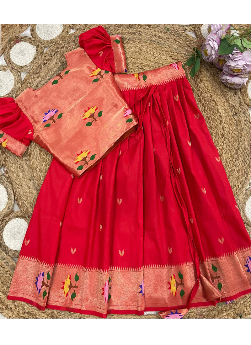 Evanik Red Soft Silk Paithani Design Zari Weaving Pavadai Lehenga Choli For Kids