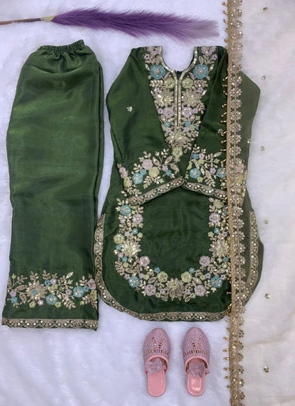 Evanik Green Kids Festival Wear Black Embroidered Silk Kurta Palazzo Set