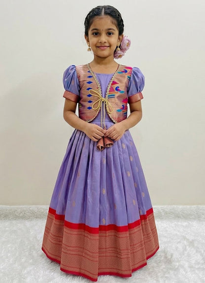 Evanik Purple Soft Paithani Silk Zari Weaving Pavadai For Kids Gown & Koti