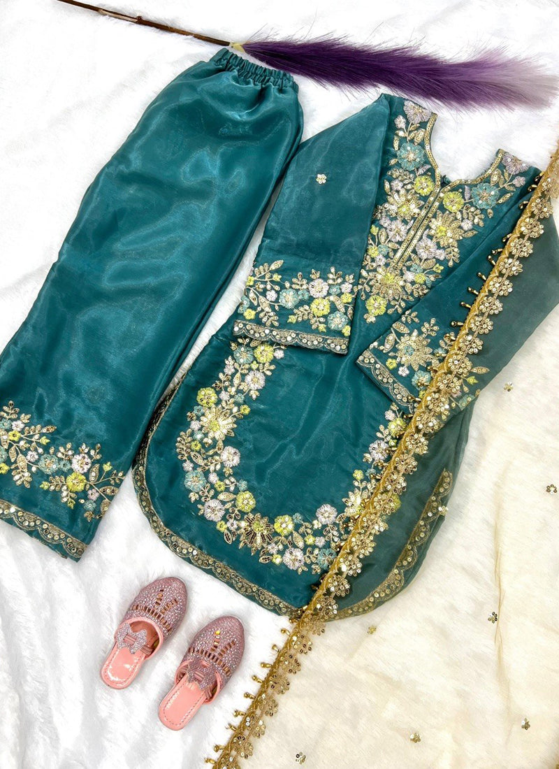 Evanik Turquoise Kids Festival Wear Black Embroidered Silk Kurta Palazzo Set