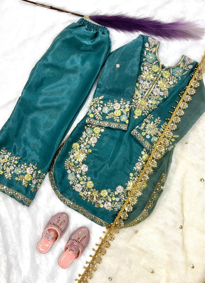 Evanik Turquoise Kids Festival Wear Black Embroidered Silk Kurta Palazzo Set