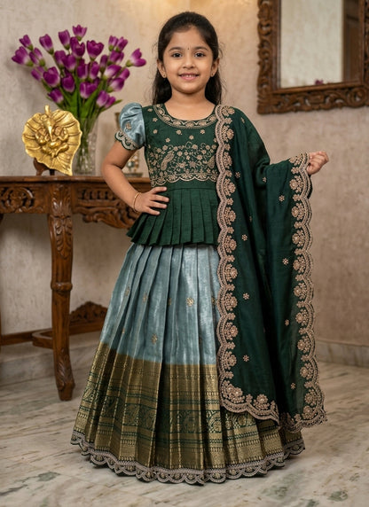 Evanik Kids Seagreen Simmer Silk Zari Weaving Pavadai Lehenga Choli Set