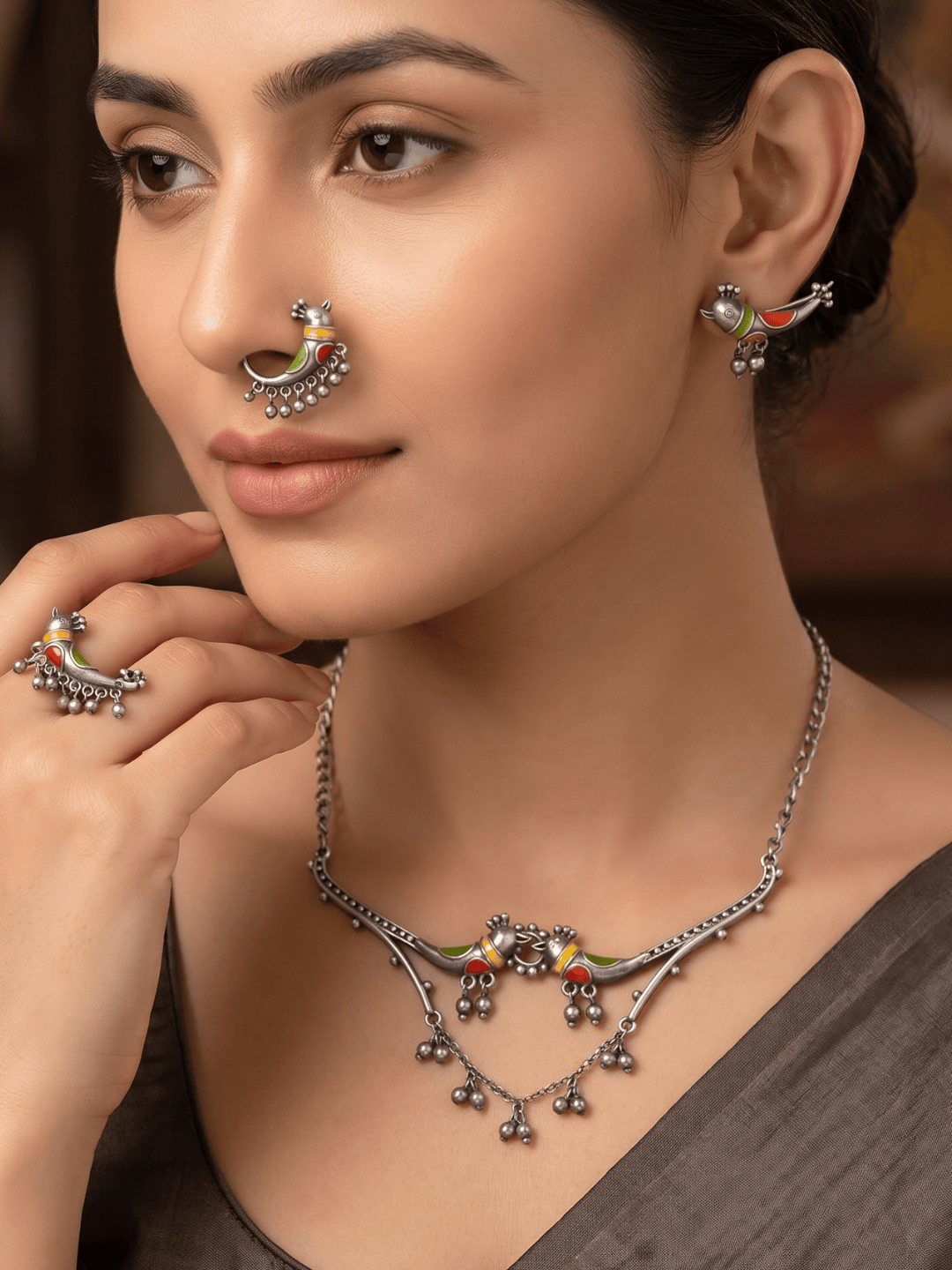 Aaravi Enchanted Meena Bird Necklace Set