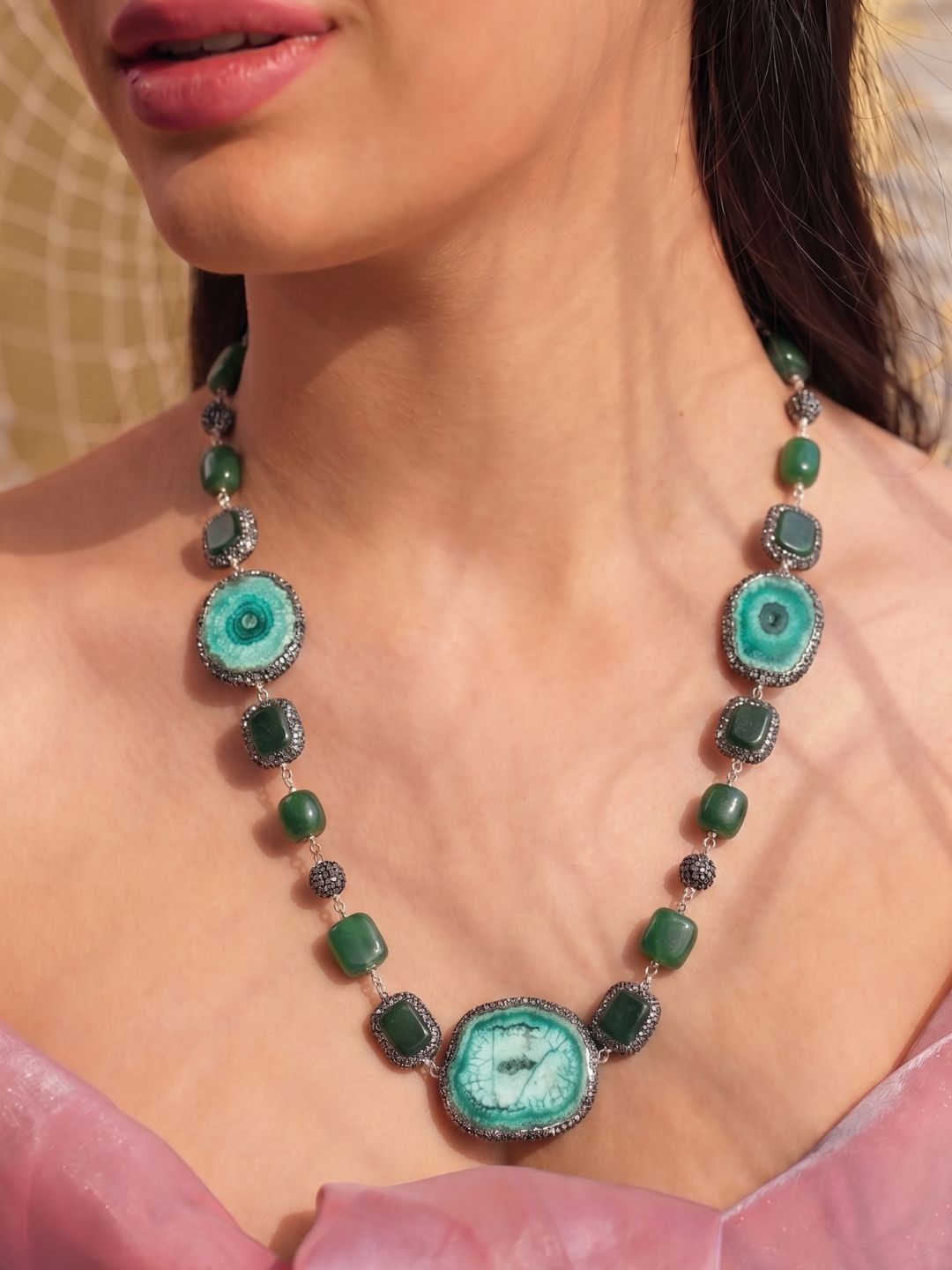 Estelle Mother Pearl Natural Stones Long Necklace Set