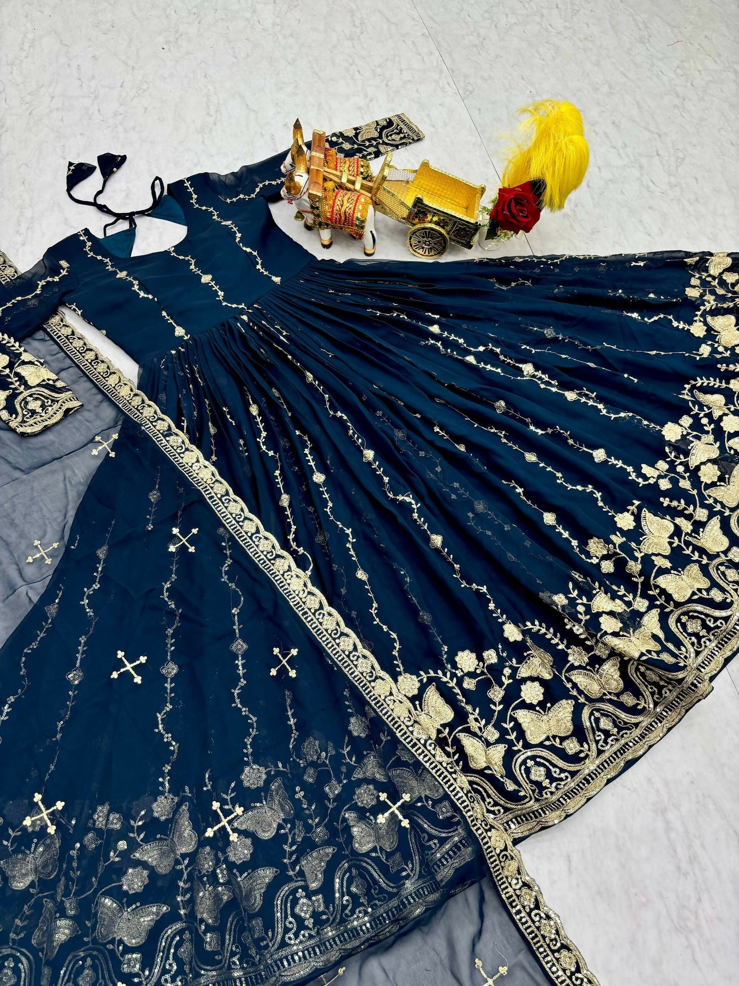 Teeya Creation Womens New Trendy Heavy Cording Sequence & Beads Embroidery Work Teal Gown Set