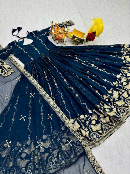Teeya Creation Womens New Trendy Heavy Cording Sequence & Beads Embroidery Work Teal Gown Set