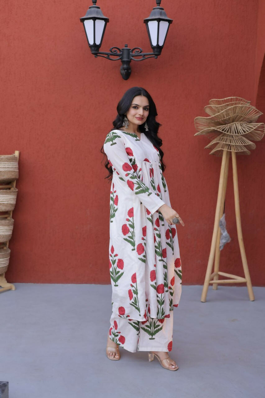 Teeya Creation Womens New Trendy Summer War Printed Cotton Gown Set-Red