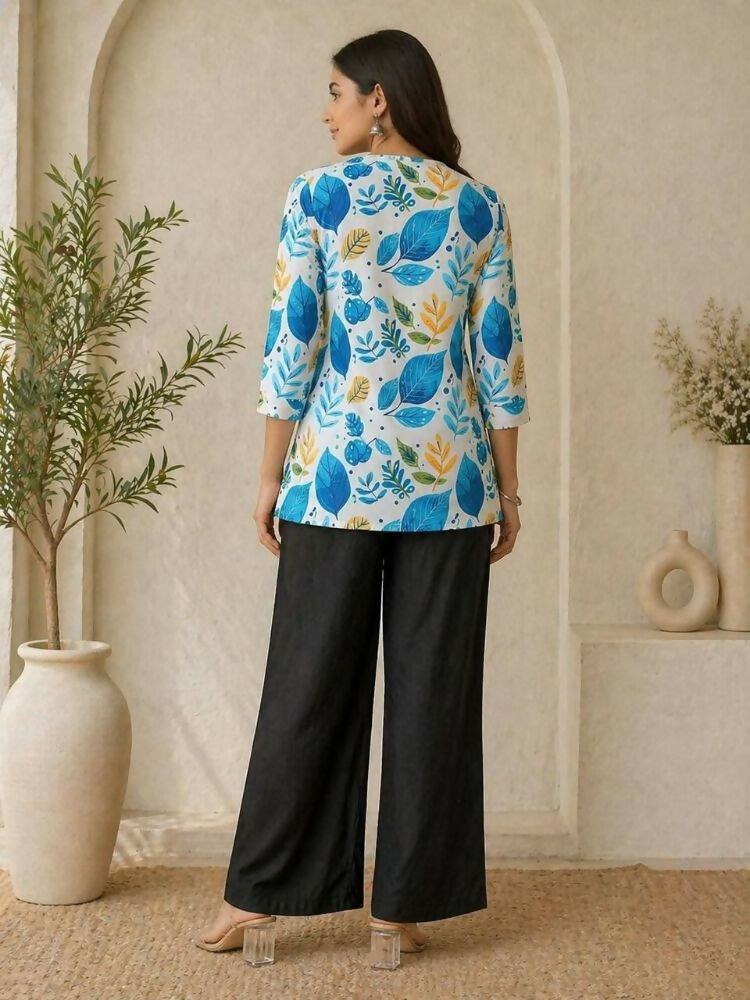 Teeya Creation New Latest Women White Blue Leaf Printed Cotton Kurti with Black Palazzo Set