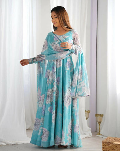 The52 Women's Gorgeous Printed Fox Georgette Fabric Flared Anarkali and Dupatta Set-Sky