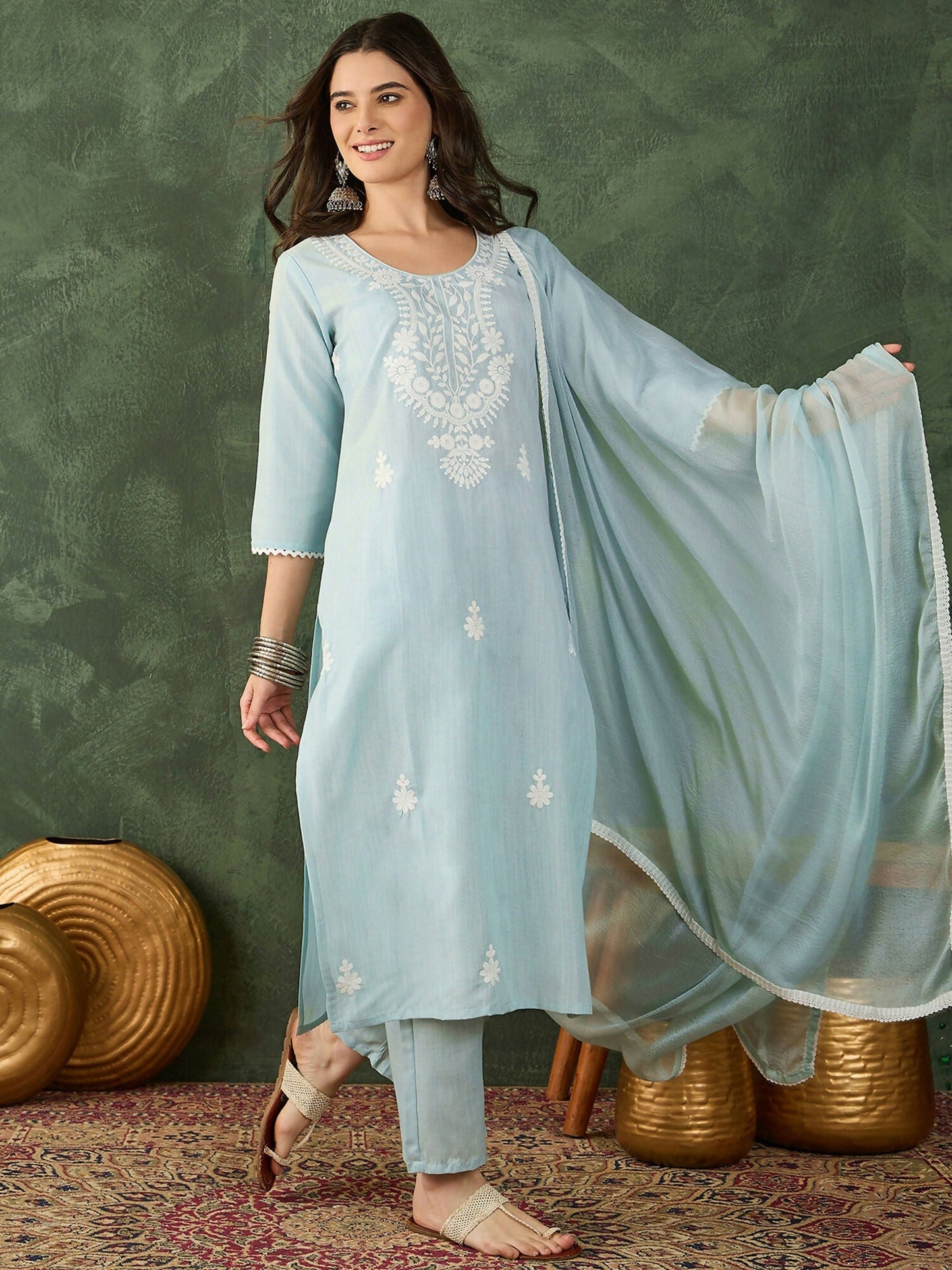 The52 Women's Beautiful Thread Work Cotton Blend Fabric Straight Kurta Pant and Dupatta Set-Sky