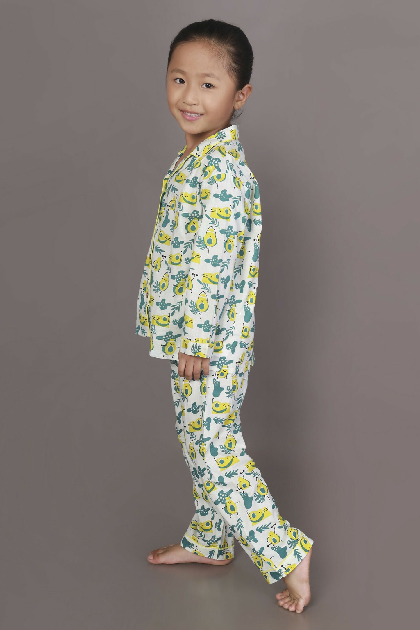 Breathables Kids Cotton Night Suit  White Avocado Print Shirt & Pyjama Co-Ord Set For Boys & Girls