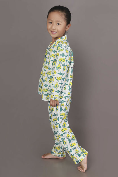 Breathables Kids Cotton Night Suit  White Avocado Print Shirt & Pyjama Co-Ord Set For Boys & Girls