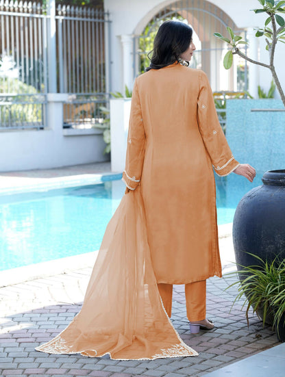 Nikhaar Orange Embroidered Modal Silk Stitched Straight Cut Kurta Pants Dupatta Readymade Suit