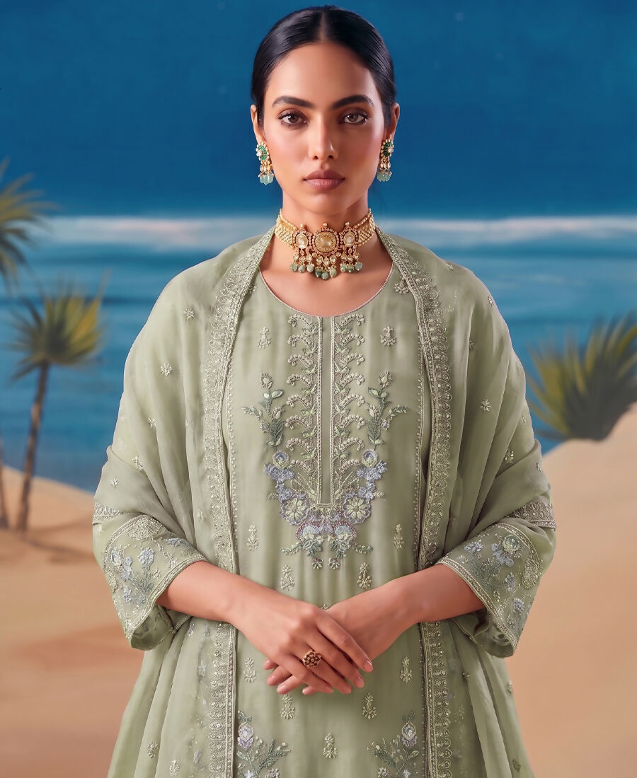 KC Heavy Chiffon Silk Green Hand Embroidered Straight Suit For Women Wedding