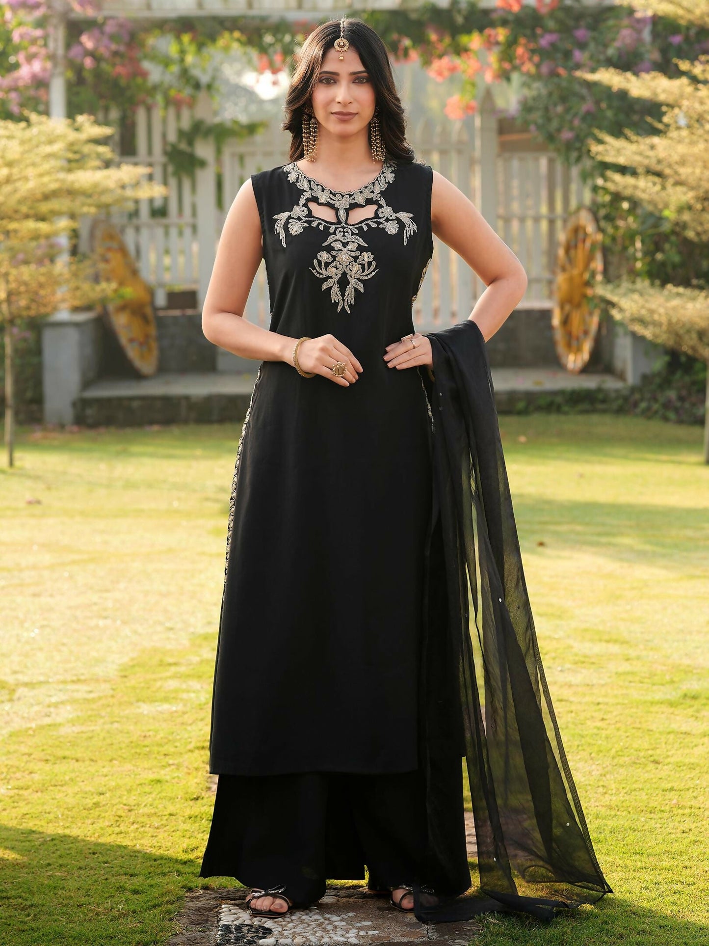 Nikhaar Black Embroidered Art Silk Stitched A Line Kurta Palazzo Dupatta Readymade Suit