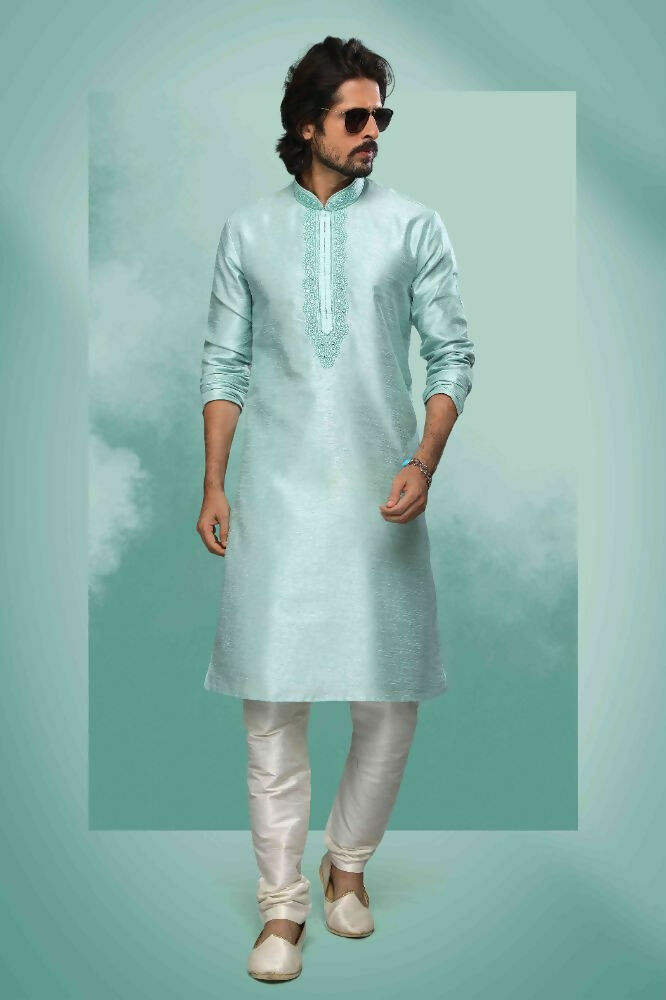 Raivat Ethnic Art Silk Mirror Embroidery Work Kurta Pajama In Pista Green Colour
