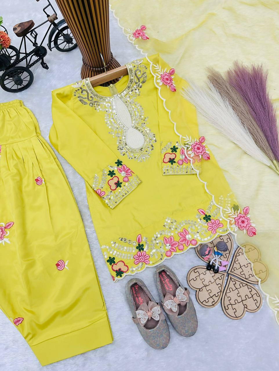 Teeya Creation New Kids Trendy Wedding Wear Traditional Kurta Salwar Set-Yellow