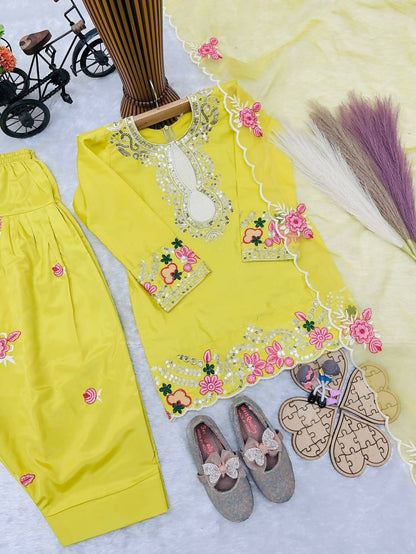 Teeya Creation New Kids Trendy Wedding Wear Traditional Kurta Salwar Set-Yellow