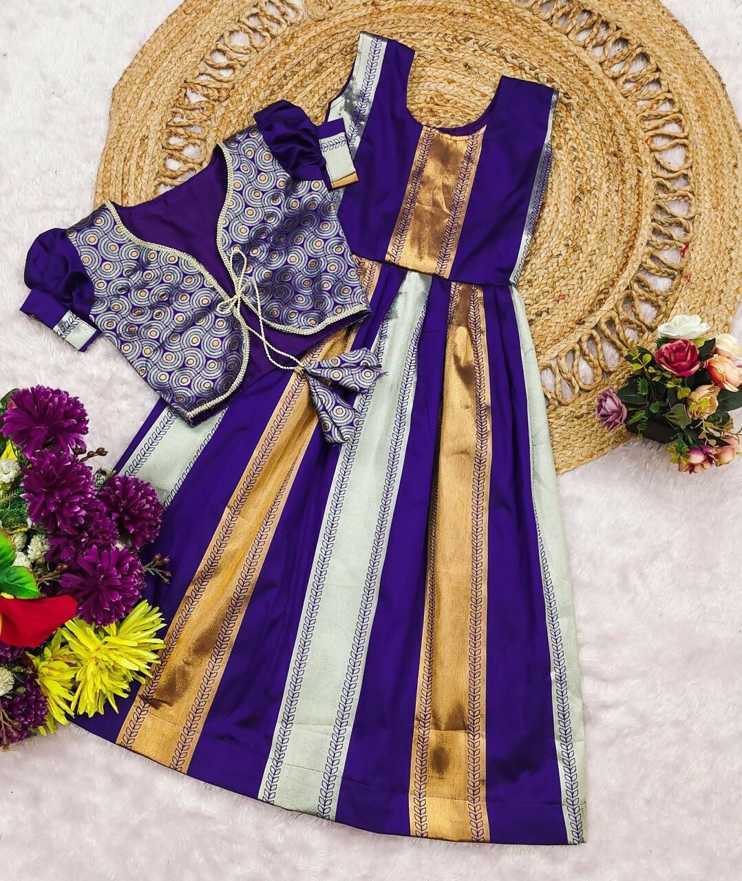 Teeya Creation Latest Designer Girls Royal Purple Silk Pattu Pavadai Lehenga Choli Set With Brocade Koti-Purple