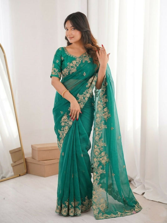 Teeya Creation New Womens Latest Party Wear Soft Chiffon Silk Saree-Teal
