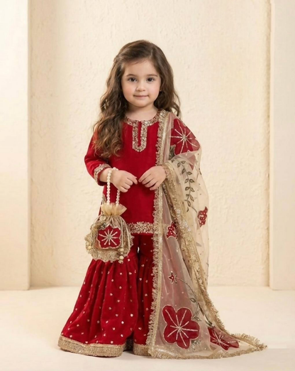 Teeya Creation New Kids Trendy Wedding Wear Traditional Kurta Sharara Set-Maroon