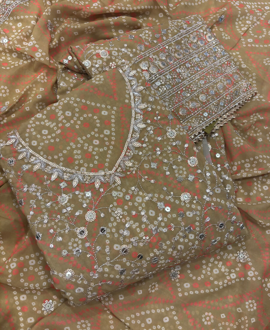 KC Mustard Bandhani Printed Heavy Emrboidery Worked Sharara Suit Ethnic Wear