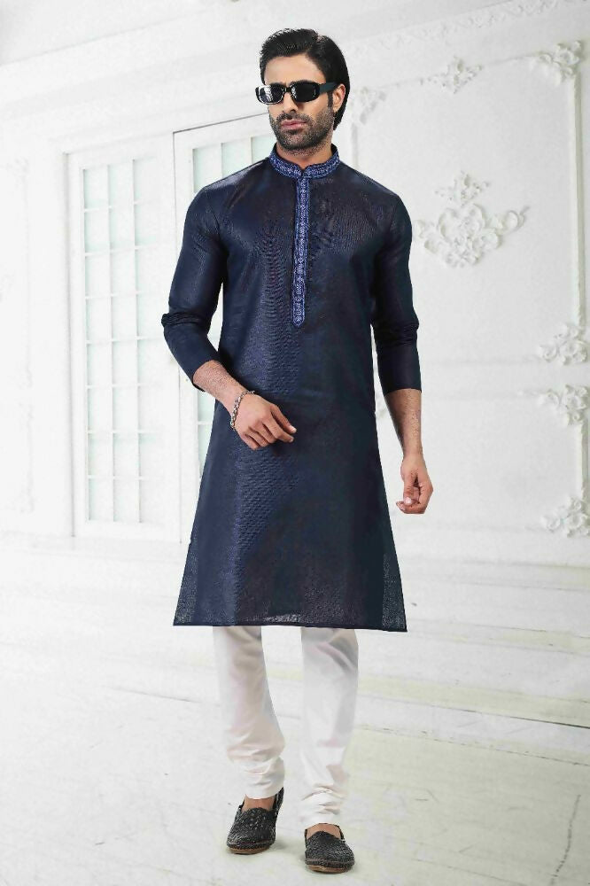 Raivat Ethnic Linen Cotton Thread Work Kurta Pajama In Blue Colour