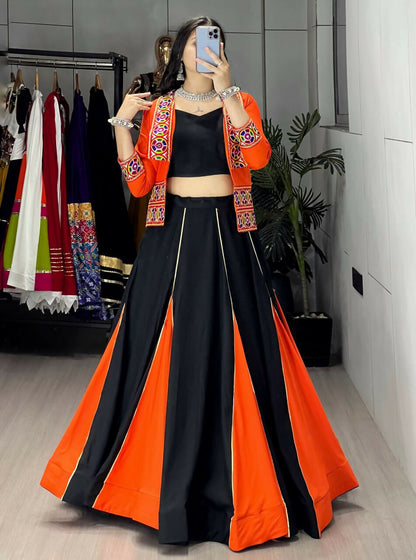 Yash Enterprise Orange Colored Rayon Cotton Embroidery Semi Stitched Navratri Top Chaniya Choli