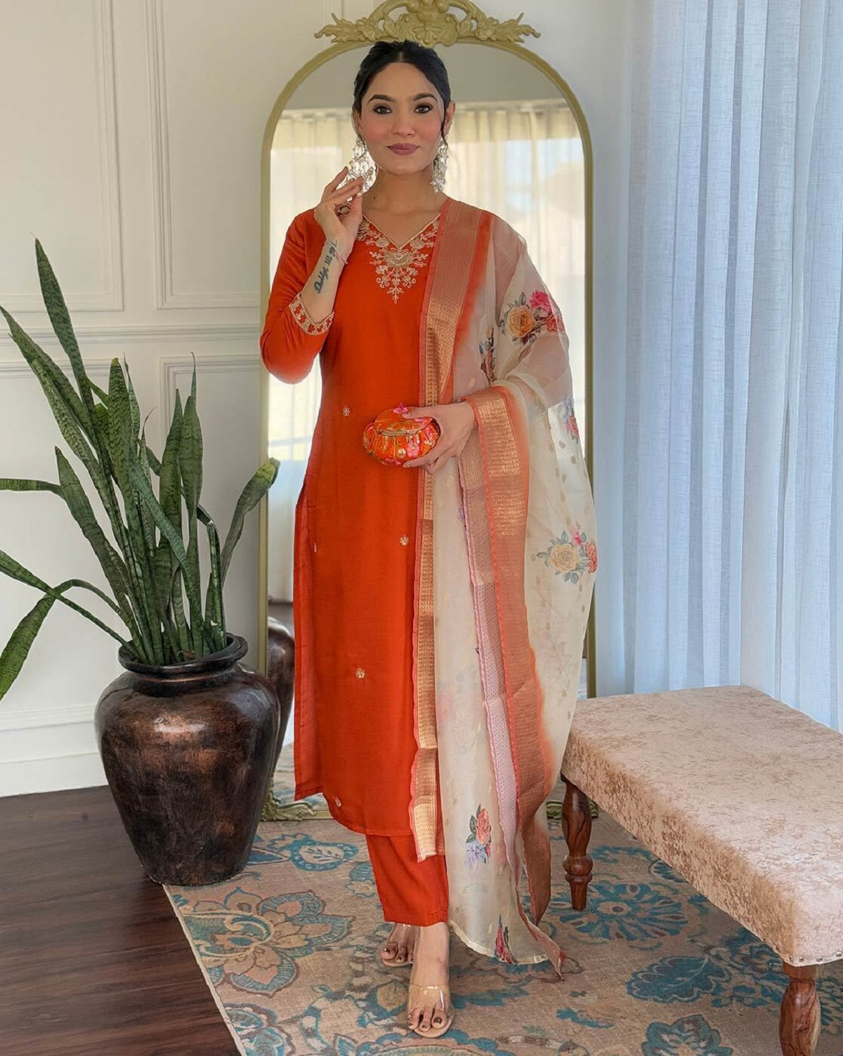 Dwija Fashion Embroidered Kurti With Pant And Duppata Set-Orange Rust